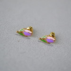 Delicate handmade gold plated tulip stud earrings with purple enamel flower petals