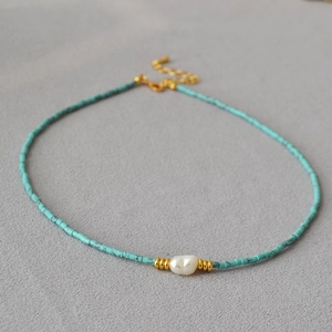 Baroque pearl and turquoise bead necklace with adjustable golden clasp and extension chain