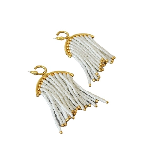 Bohemian gold plated white bead fringe tassel earrings for women with irregular design
