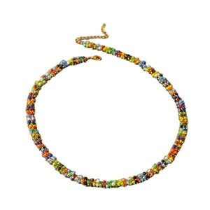 Bohemian style colorful bead necklace with gold adjustable lobster clasp on white background
