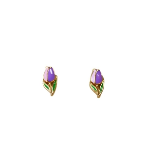 Handmade enamel tulip stud earrings in purple and pink gradients with gold finish