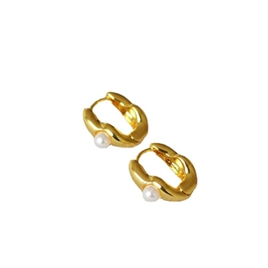 Irregular U-shaped gold plated brass hoop earrings with white pearl inlay for women