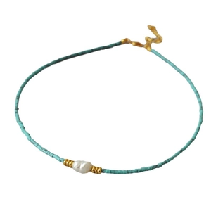 Bohemian turquoise beaded necklace with irregular baroque pearl and gold accents