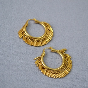 Vintage gold plated brass hoop earrings with dynamic metal fringe tassels for party wear