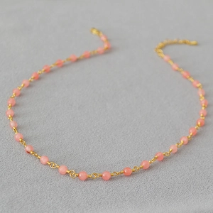 Collier en Perles de Pierre Naturelle Rose Enveloppé de Fil à la Main pour Femme Chaîne Plaquée Or Douce Bijoux Cadeau