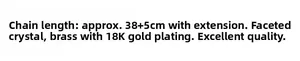 Specifications of 38+5cm faceted crystal necklace in 18K gold plated brass