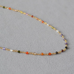 Minimalist 18K Gold Plated Brass Faceted Multicolor Zirconia Beaded Necklace Elegant Thin Chain Choker Jewelry For Women