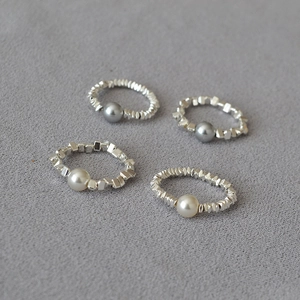 Minimalist Elastic Ring Irregular Silver Plated Beads With Imitation Artificial Pearl Niche Geometric Finger Jewelry For Women