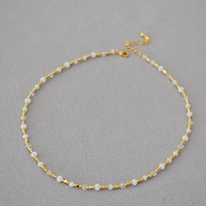 Handmade gold plated beaded collar necklace with white beads and adjustable lobster clasp