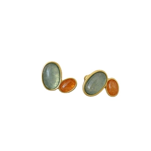 Retro brass gold plated earrings with dual green and orange semi-precious stones