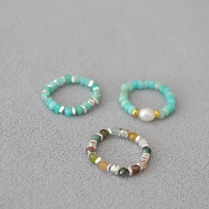 Handmade Beaded Elastic Ring For Women Vintage Tourmaline Amazonite Freshwater Pearl 925 Silver Plated Spacer Beaded Jewelry