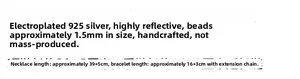 Detailed size chart for 1.5mm faceted 925 silver beaded necklace and bracelet