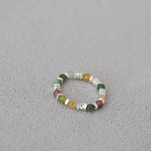 Colorful Amazonite and Tourmaline beaded stretch ring with silver metal spacers