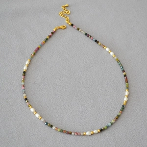 French vintage necklace with colorful tourmaline natural stones and white rice pearls