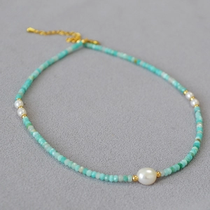 Fresh Amazonite and freshwater pearl beaded necklace with gold metal clasp and chain