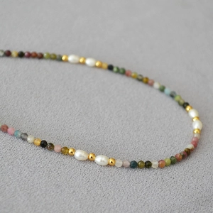 French vintage necklace with colorful tourmaline stones and freshwater rice pearls