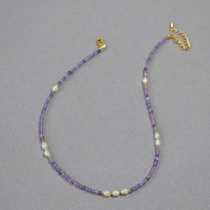 Lavender amethyst and freshwater pearl beaded necklace with gold-plated lobster clasp