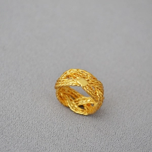 Gold plated twisted braided ring with smooth rectangular plaque in vintage brass
