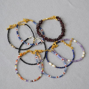 Minimalist Natural Stone Freshwater Pearl Beaded Bracelet For Women Handmade Lapis Lazuli Amethyst Garnet Black Spinel Copper Gold Plated Thin Chain Jewelry