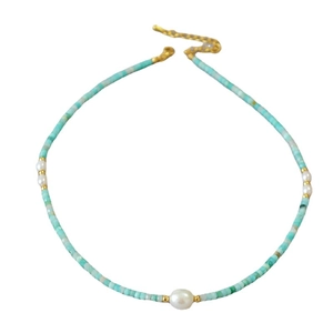 Amazonite bead necklace featuring natural freshwater pearls and gold-plated hardware
