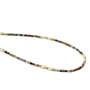 Handmade beaded necklace with multicolored tourmaline gemstones and baroque pearls