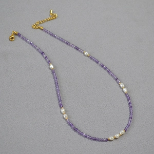 Elegant lavender amethyst and freshwater pearl beaded necklace with gold lobster clasp