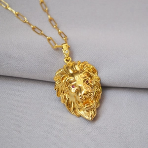 Vintage Lion Head Pendant Necklace With Gold Plated Copper Paperclip Chain Hiphop Punk Rock Jewelry For Men Women
