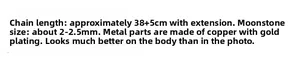 Detailed specifications of the moonstone beaded necklace with 38cm chain and gold-plated copper
