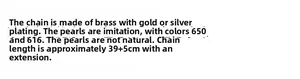 Detailed specifications of gold plated brass necklace with artificial pearls and dimensions