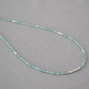 Minimalist aquamarine gemstone beaded necklace with polished silver spacer beads