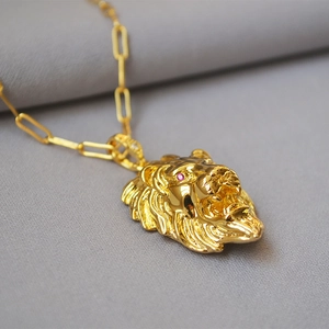 Hip hop lion head necklace with pink gem eyes on gold paperclip link chain