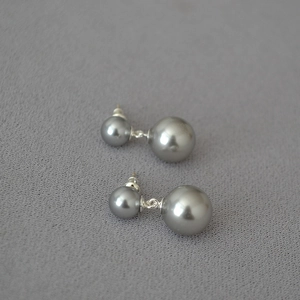 Elegant grey double pearl earrings with large and small round beads on 925 silver pins