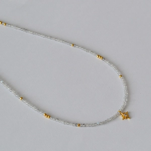 Handmade Moonstone Beaded Necklace For Women Vintage Alloy Star Pendant Grey Rhinestone Choker Jewelry Gift