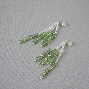 Detail of beaded earrings with green translucent beads and silver needle posts