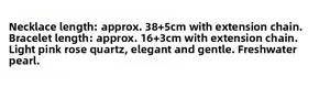 Detailed sizing for rose quartz and freshwater pearl necklace with 38+5cm extension