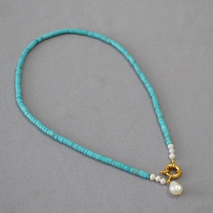 Artificial Baroque Pearl Pendant Necklace Turquoise Disc Beads Handmade Vintage Bohemian Choker For Women