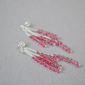 Macro detail of crystal beaded tassel earrings with pink gradient and silver needles