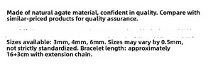 Size chart for agate bead bracelets showing 3mm, 4mm, and 6mm bead diameters and length