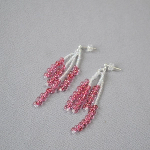 Beaded tassel drop earrings with pink and white crystal beads on 925 silver needles