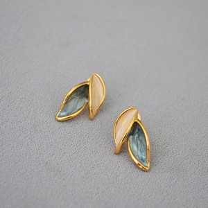 Vintage leaf earrings with gold brass edges and morandi color enamel inlay on fabric