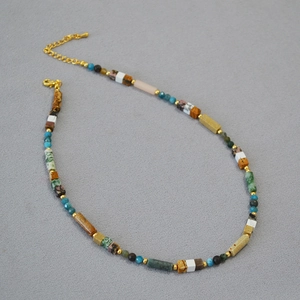 Artistic oil painting style necklace with colorful natural stone beads and gold accents
