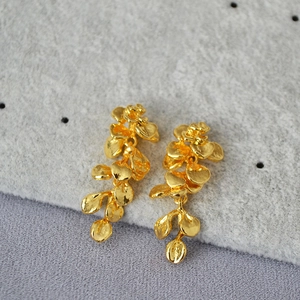 French Vintage Golden Leaf Tassel Drop Earrings High Sense Metal Textured Flower Dangle Earrings With 925 Sterling Silver Post