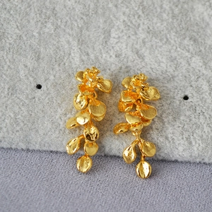French vintage gold leaf tassel drop earrings with handcrafted metallic texture