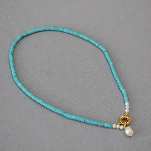 Vintage turquoise beaded necklace with baroque pearl pendant and golden spring clasp