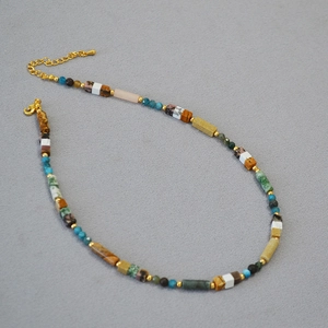 Vintage bohemian necklace with colorful natural stone beads and gold-plated clasp