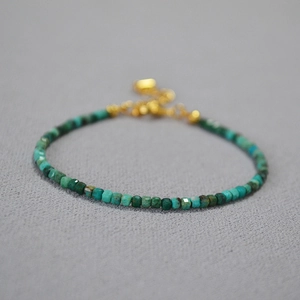 Natural Aquamarine Chrysocolla Beaded Bracelet For Women Minimalist Cube Stone Gold Plated Copper Retro Handmade Jewelry