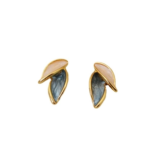 Elegant gold-plated leaf earrings with pink and blue enamel inlay on white background