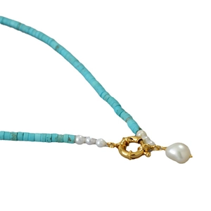 Vintage turquoise beaded necklace with baroque pearl pendant and gold spring clasp