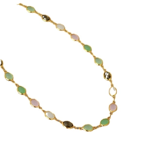Gold-plated brass necklace featuring colorful faceted oval gemstone beads in elegant V-shape