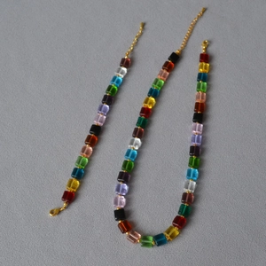Handmade Rainbow Square Bead Artificial Crystal Necklace Colorful Geometric Beaded Bracelet Summer Fashion Jewelry For Women